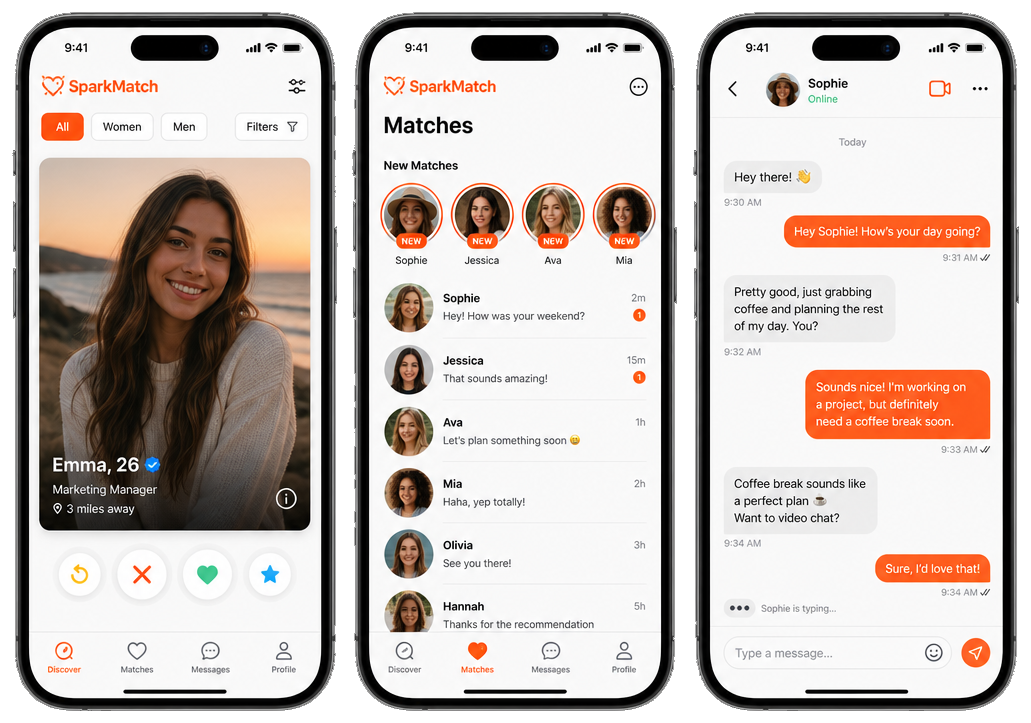 Smartphone mockups showing dating discover, matches, and chat screens