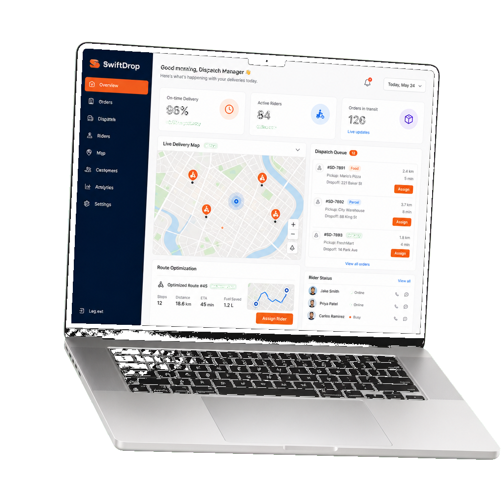 Laptop mockup showing SwiftDrop delivery operations dashboard with live map dispatch and on-time metrics
