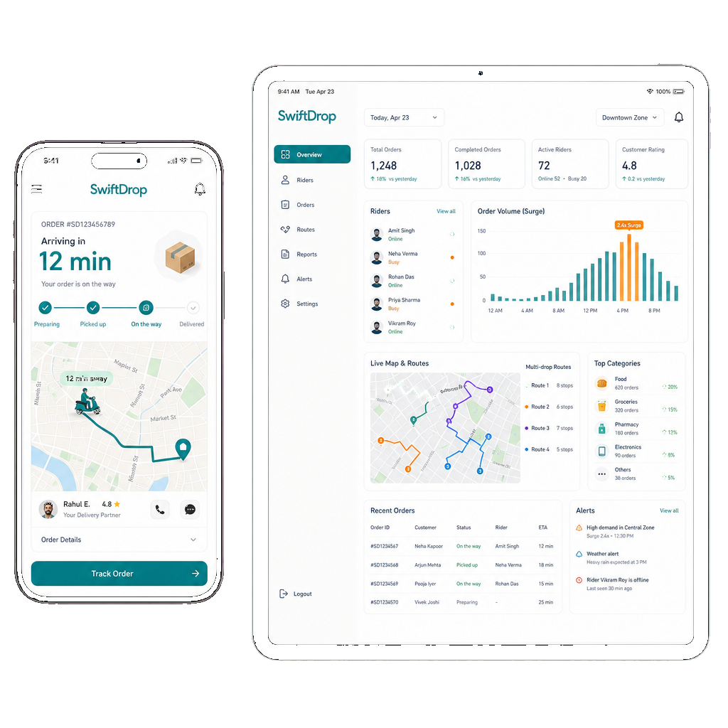 Phone and tablet mockups showing SwiftDrop order tracking app and courier fleet management panel