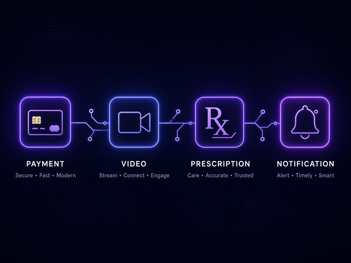 Integration layer connecting payment, video, prescription and notification services