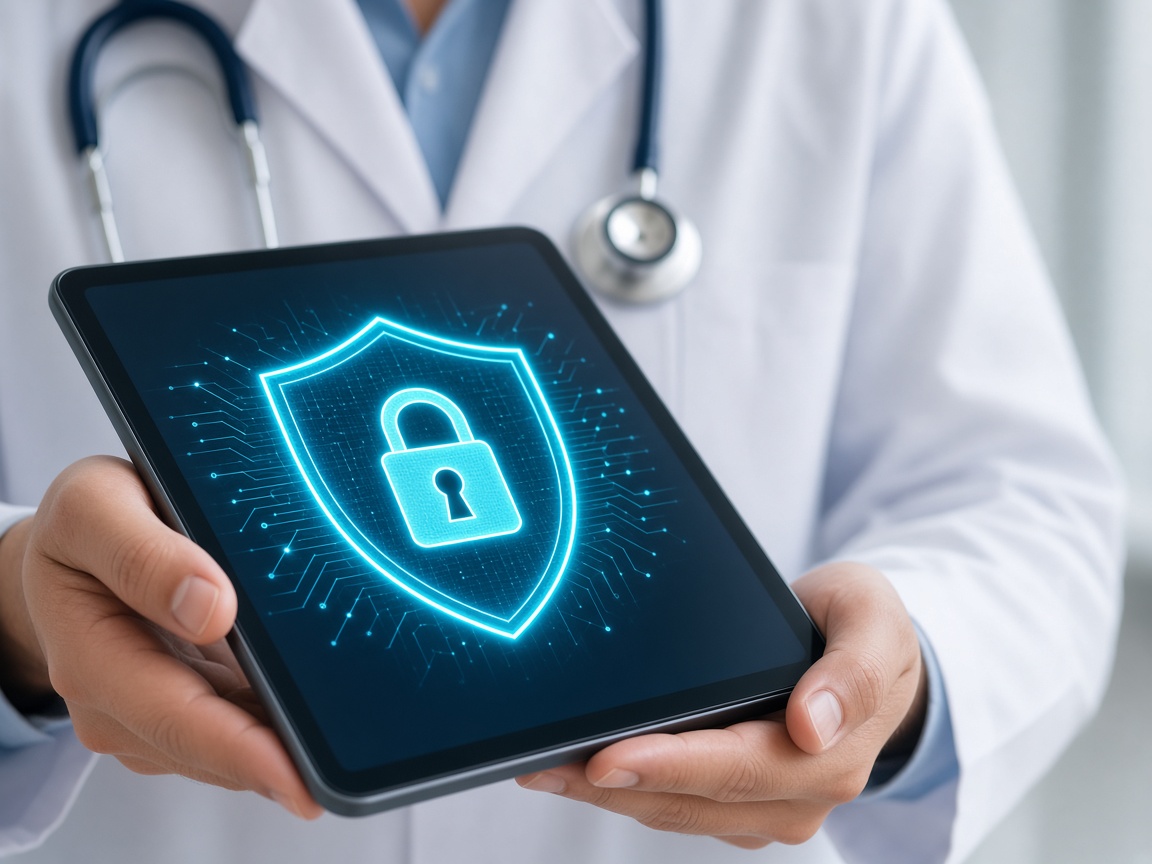 Security layer with doctor holding secure tablet with digital shield