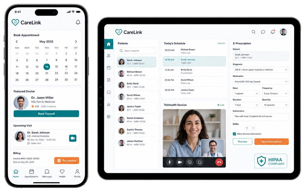 Phone and tablet mockups showing patient booking app and doctor portal