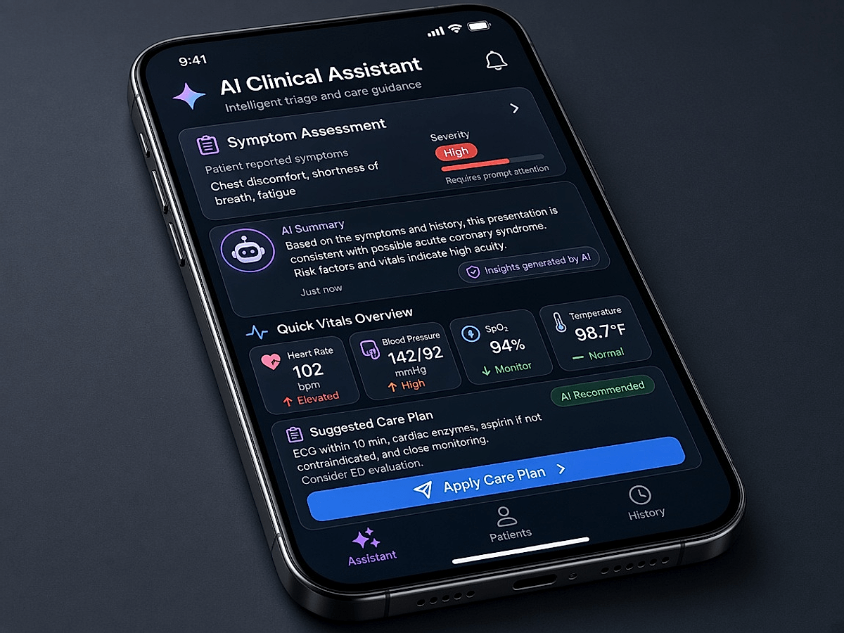 AI healthcare assistant on a smartphone displaying symptom triage and intelligent care guidance