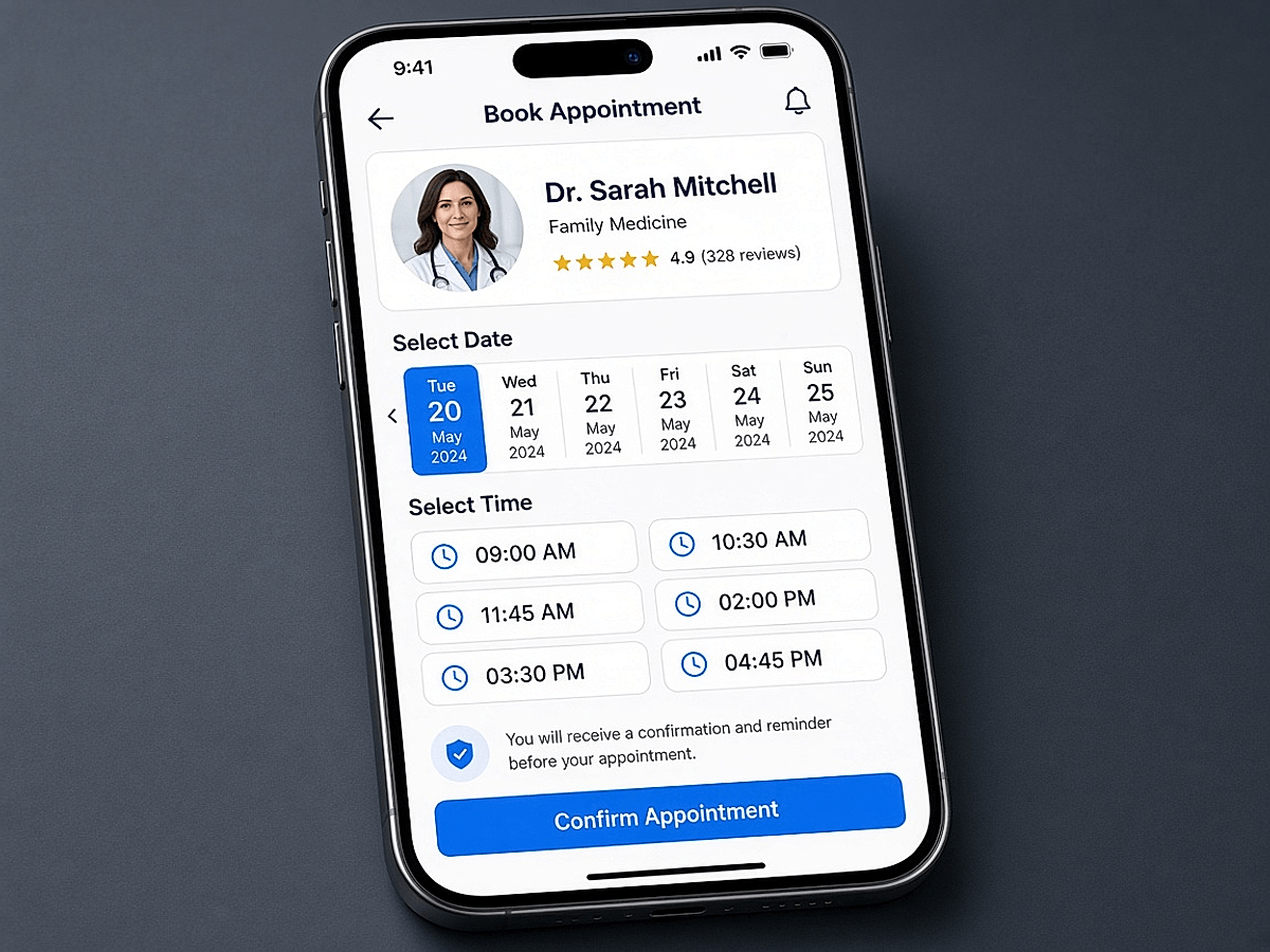 Patient using a doctor appointment booking app on a smartphone to schedule a consultation