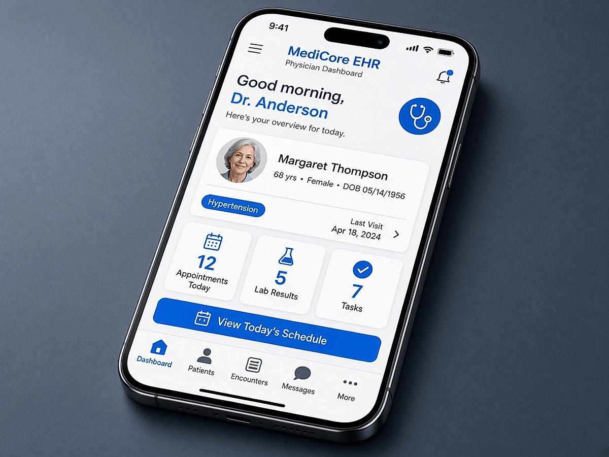 Custom healthcare software clinical dashboard on a smartphone in a medical office