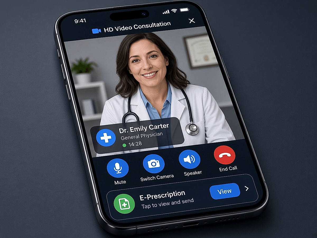 Telemedicine video consultation on a mobile app with doctor live call and prescription details