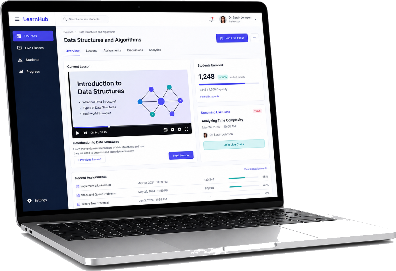 Laptop mockup showing education learning platform with courses and live classes