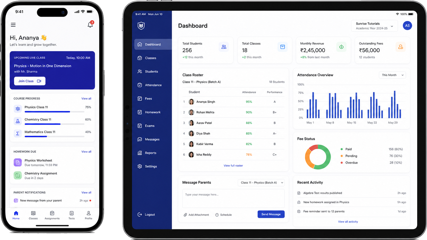 Phone and tablet mockups showing student learning app and school admin dashboard