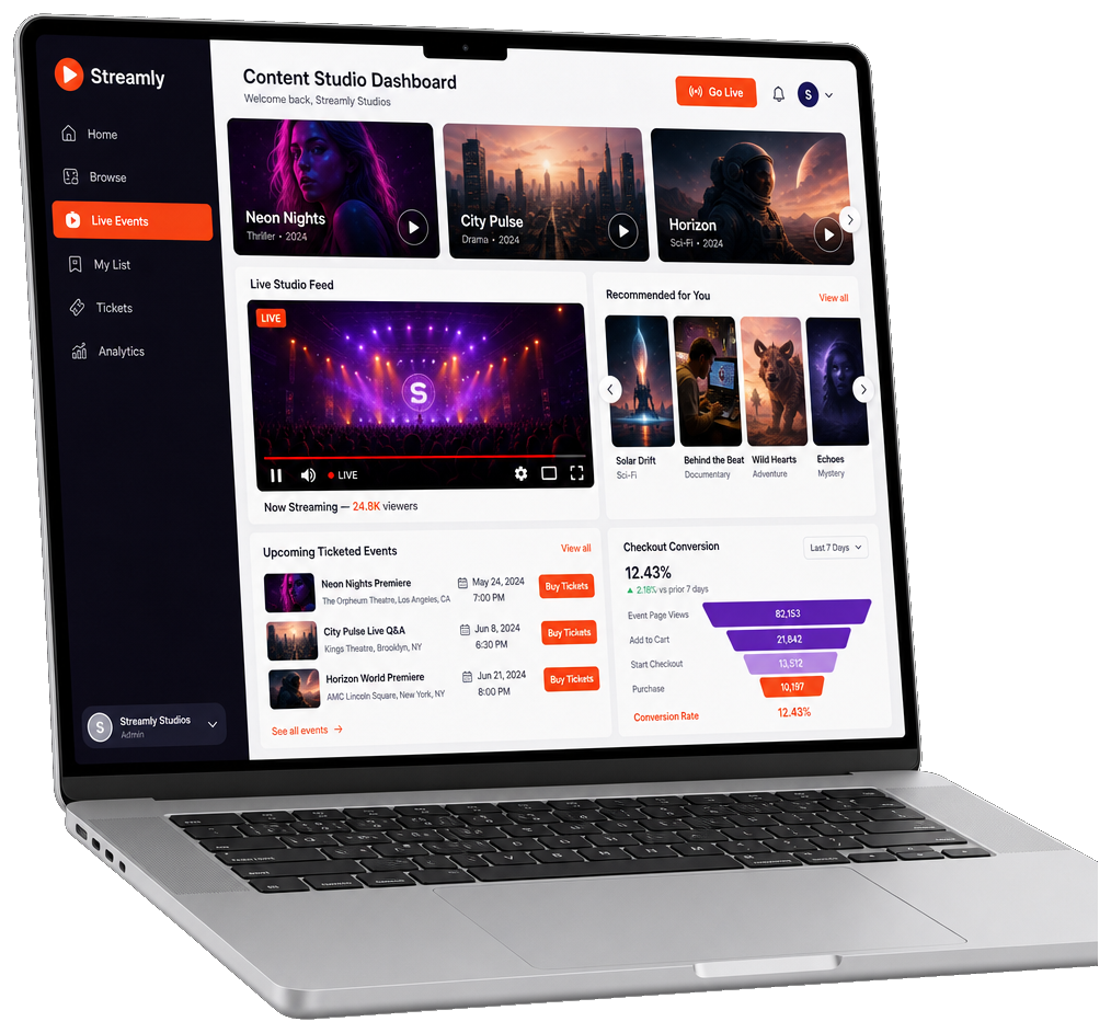 Laptop mockup showing entertainment streaming dashboard with live events and ticket sales