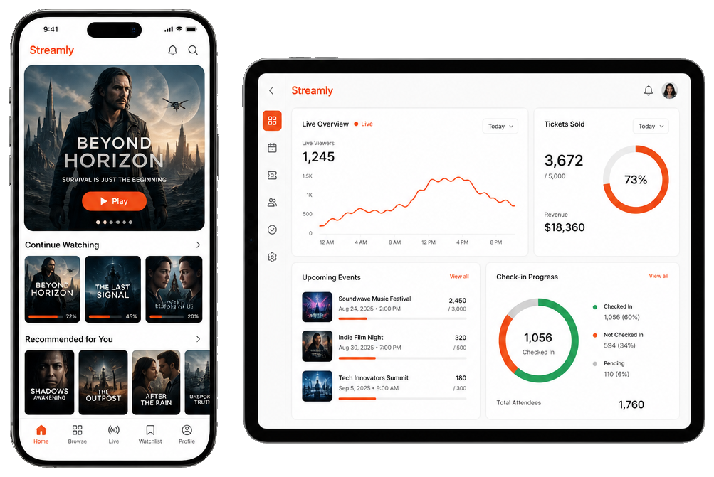 Phone and tablet mockups showing streaming playback and event ticket checkout app