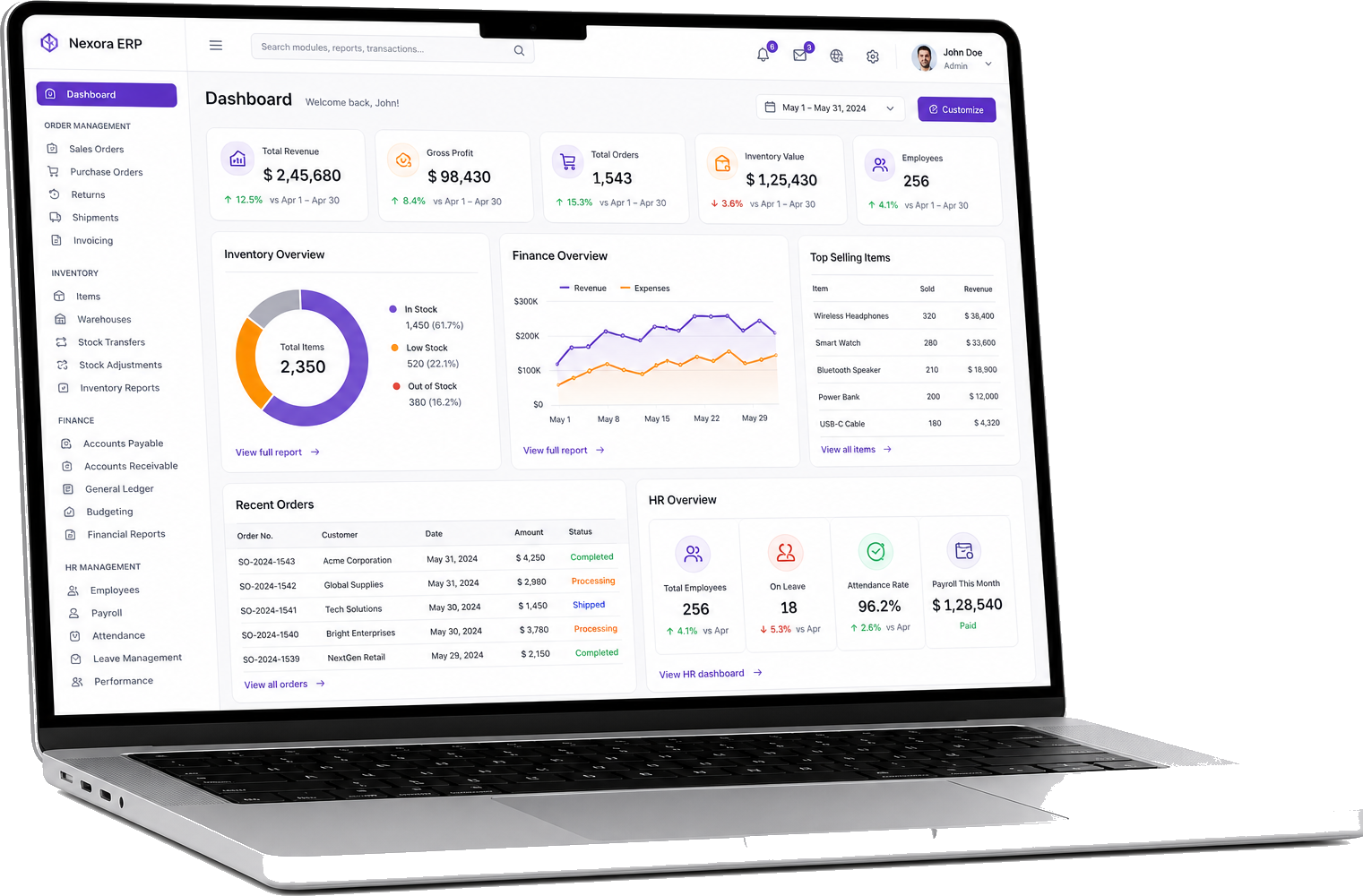 Laptop mockup showing custom ERP dashboard with finance inventory and operations modules