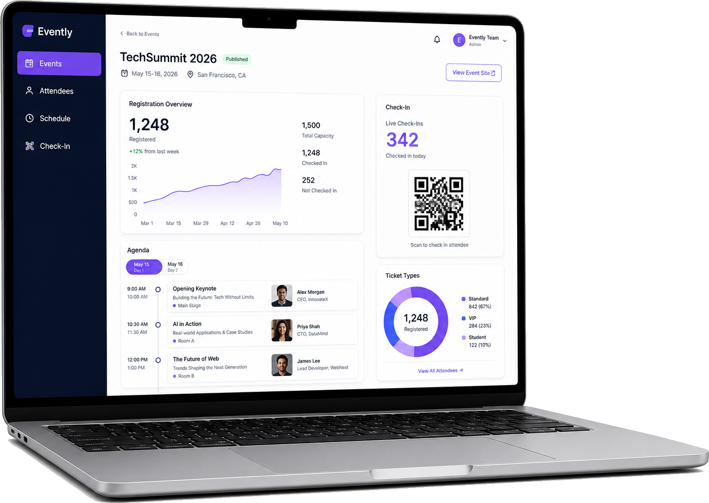 Laptop mockup showing event management dashboard with registration, agenda, and QR check-in
