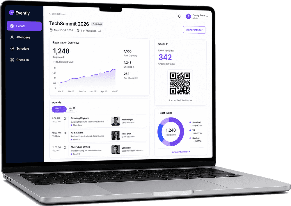 Laptop mockup showing event management dashboard with registration, agenda, and QR check-in