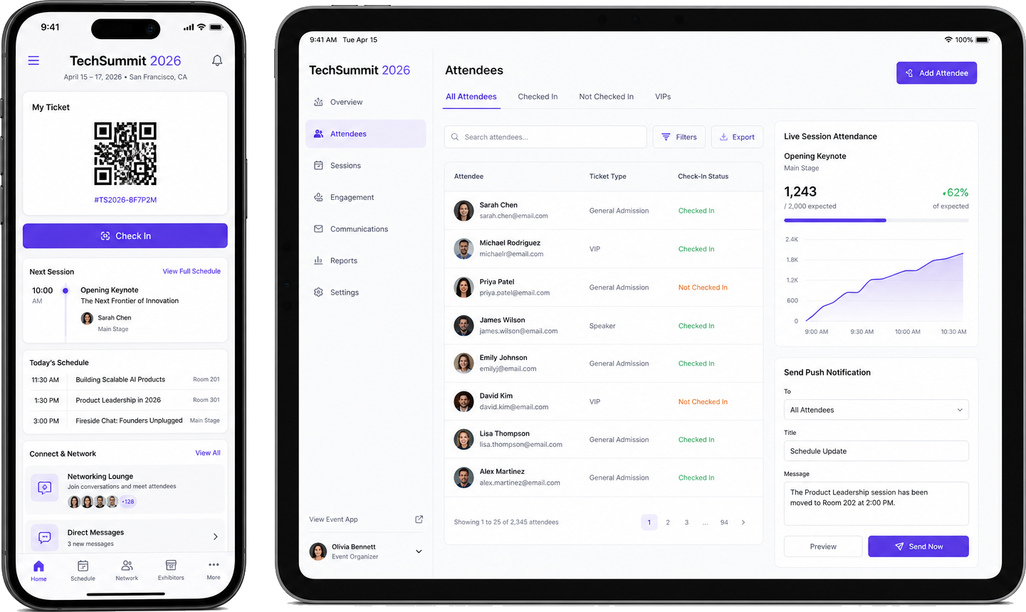 Phone and tablet mockups showing event ticket QR check-in and organizer attendee dashboard