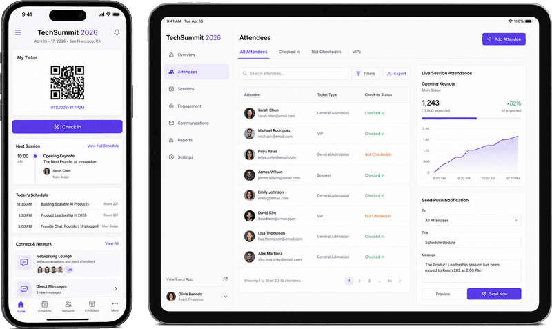 Phone and tablet mockups showing event ticket QR check-in and organizer attendee dashboard