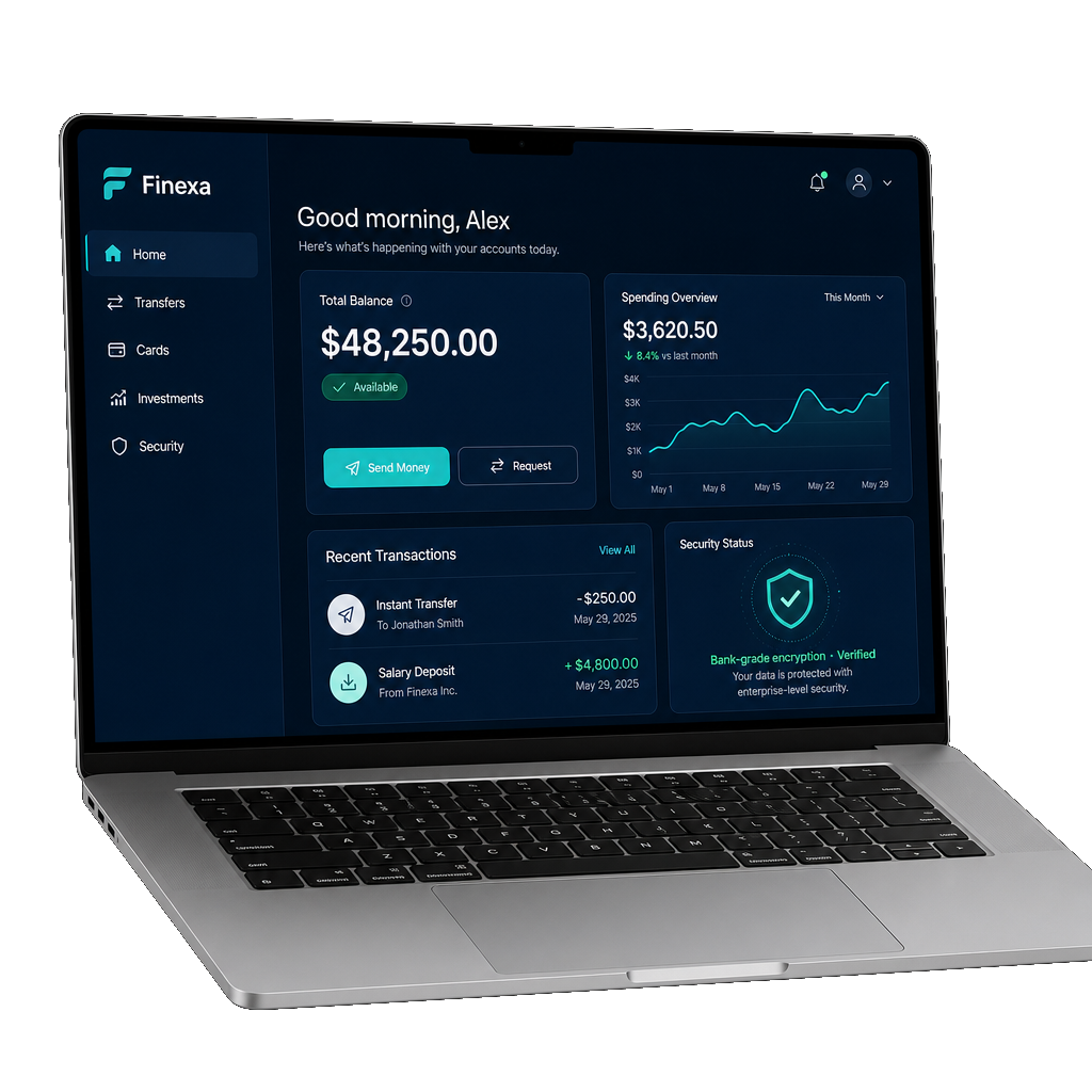 Laptop mockup showing Finexa digital banking dashboard with instant transfers and bank-grade security
