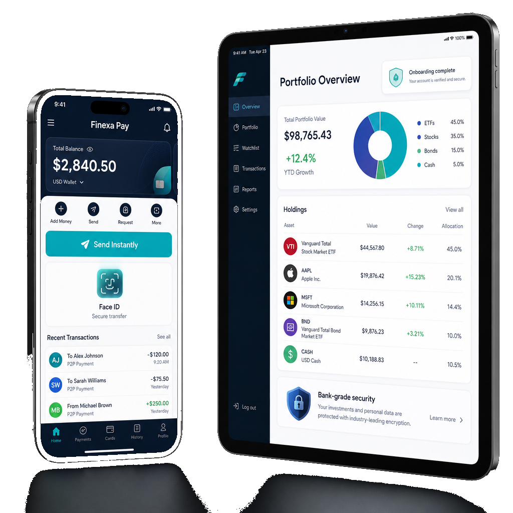 Phone and tablet mockups showing Finexa Pay wallet and wealth portfolio fintech app screens
