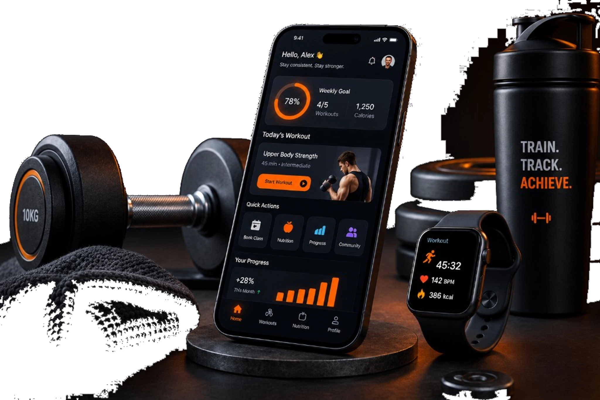 Fitness app dashboard on phone and watch with gym gear
