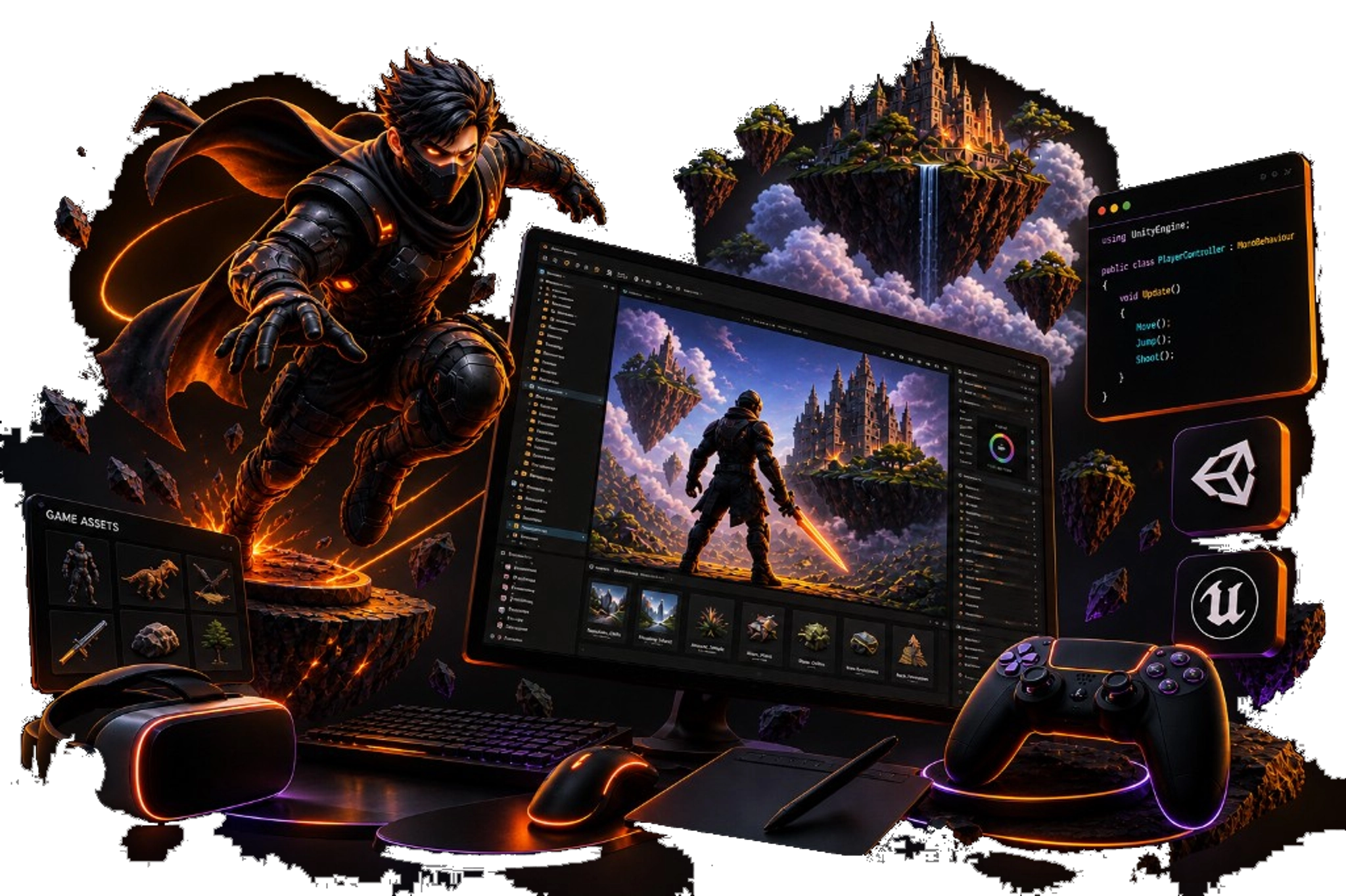 Game development illustration — engines, art, and gameplay tools