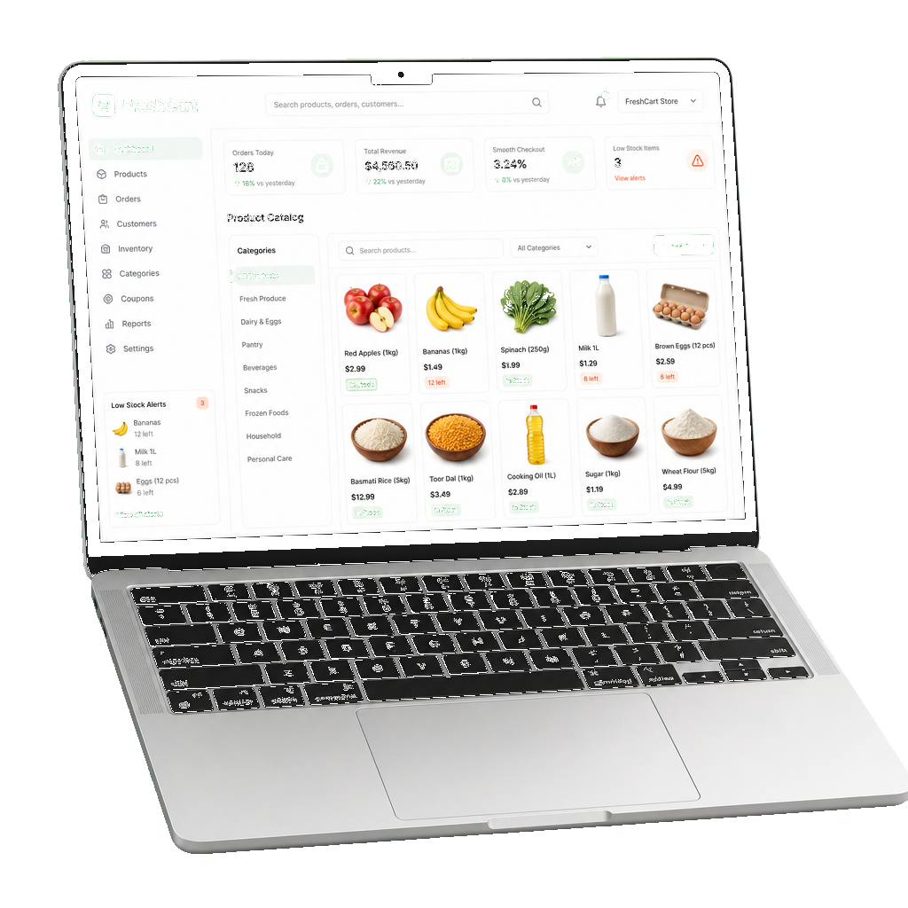Laptop mockup showing FreshCart grocery store dashboard with catalog search stock levels and checkout metrics