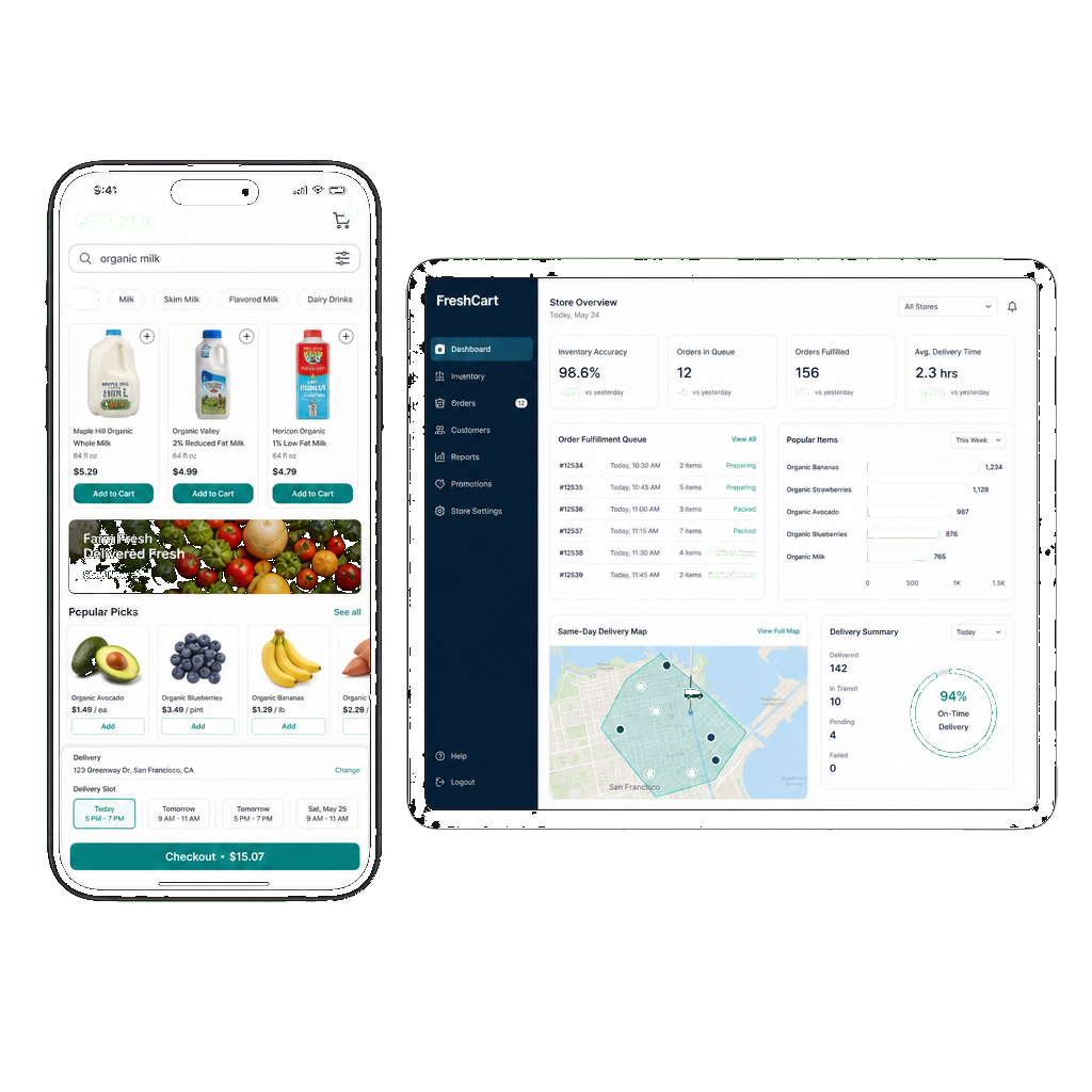 Phone and tablet mockups showing FreshCart grocery shopping app and store inventory fulfillment panel