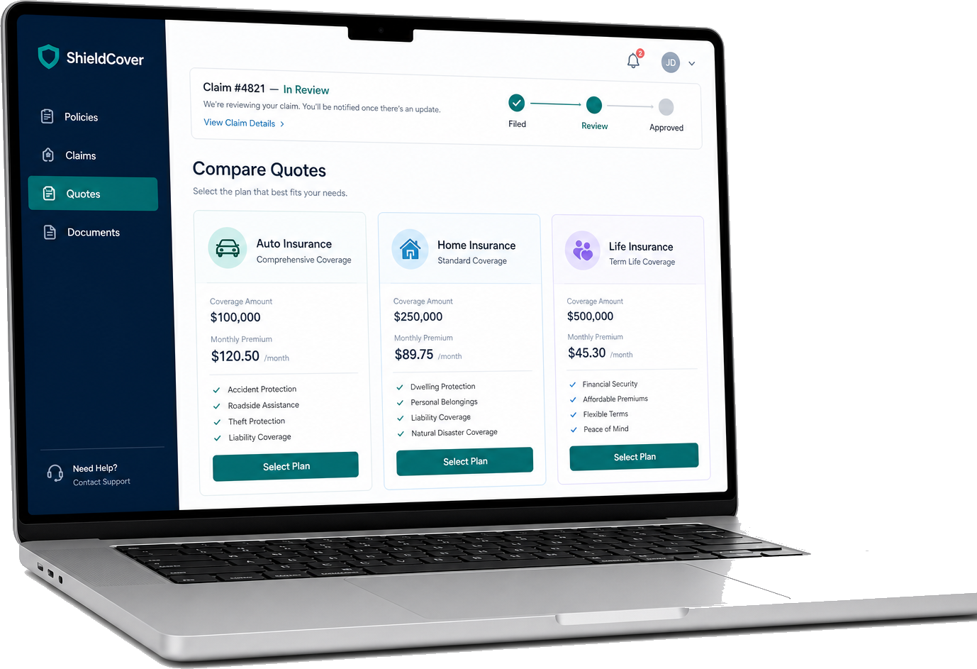 Laptop mockup showing insurance quote comparison and claims dashboard