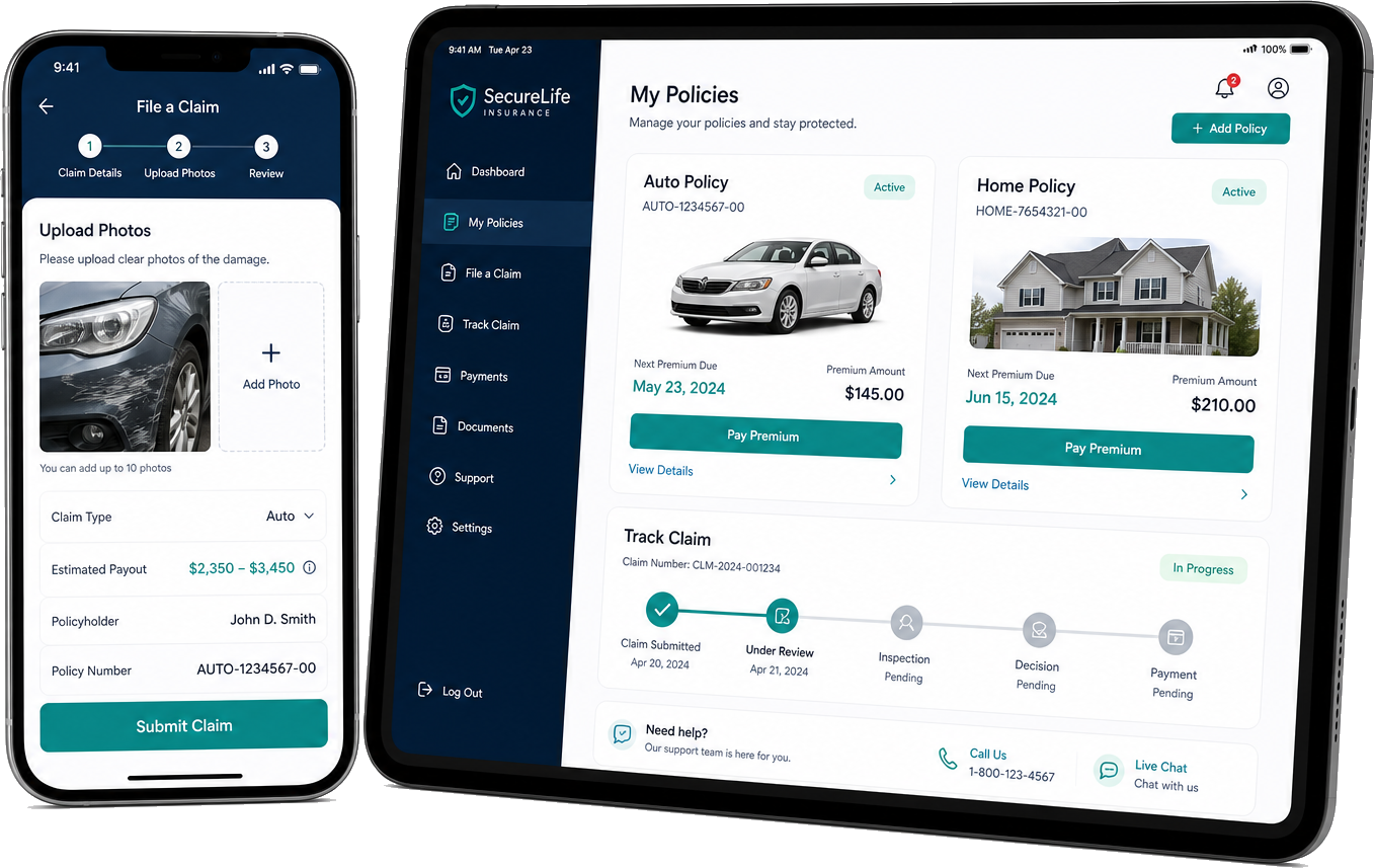 Phone and tablet mockups showing insurance claim filing and policy management app