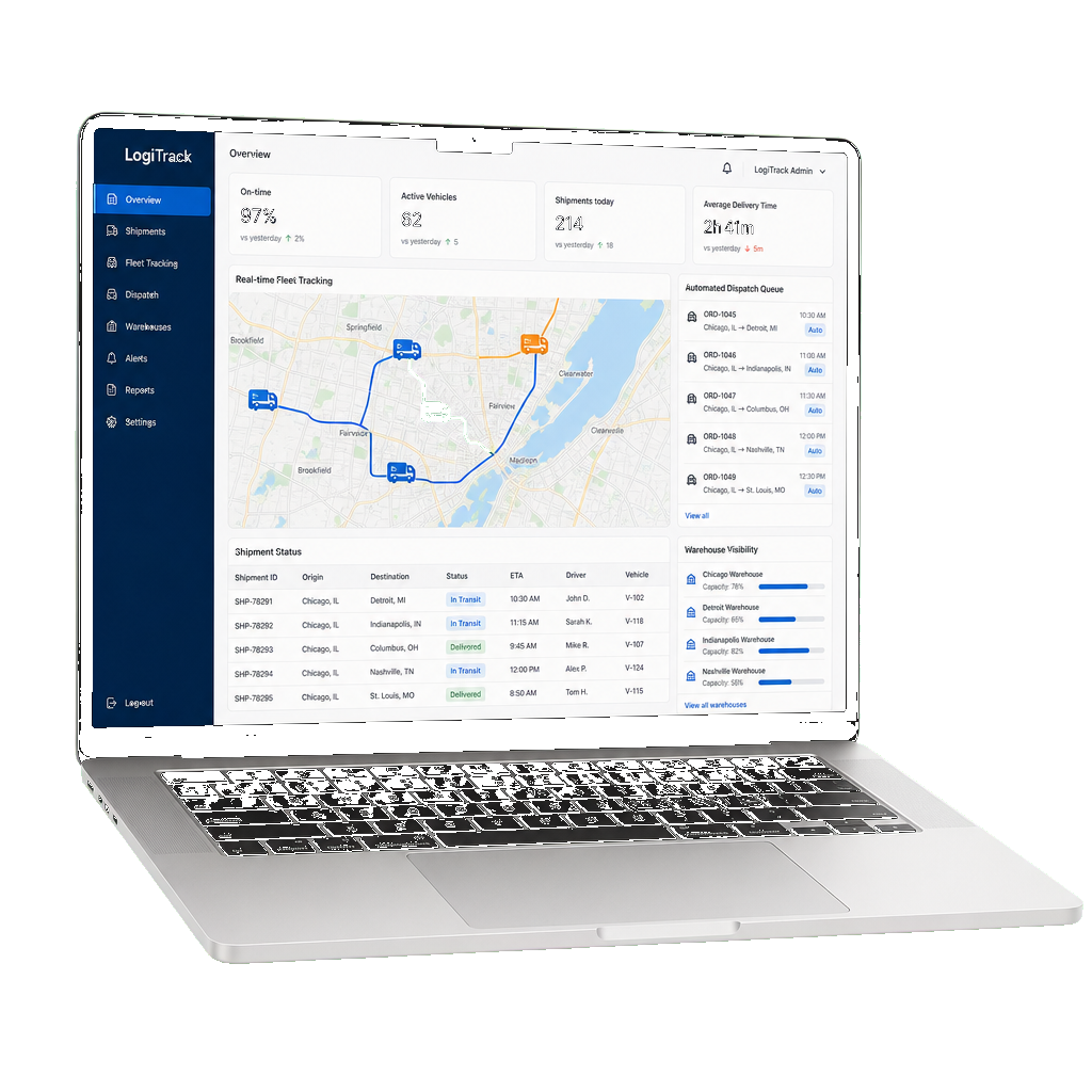 Laptop mockup showing LogiTrack logistics dashboard with real-time fleet tracking and automated dispatch
