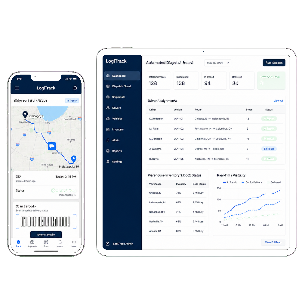 Phone and tablet mockups showing LogiTrack shipment tracking app and fleet operations panel