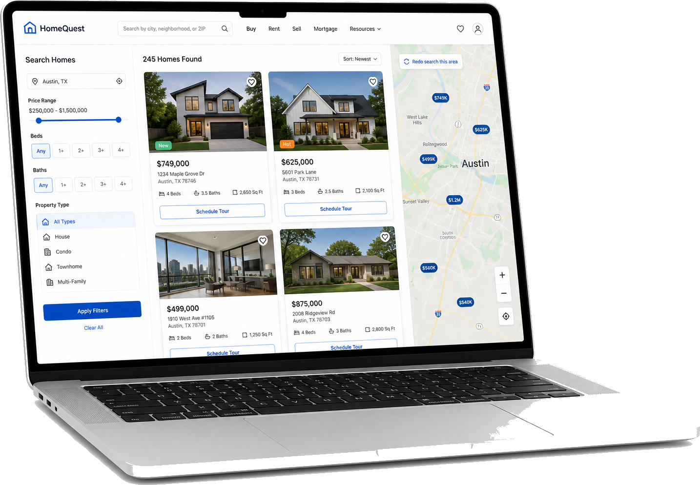 Laptop mockup showing real estate property marketplace listings and map search