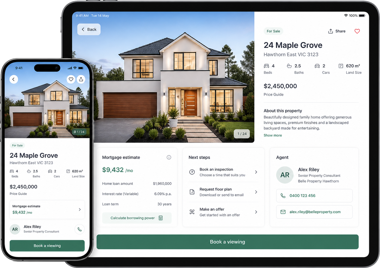 Phone and tablet mockups showing real estate property detail and tour booking app