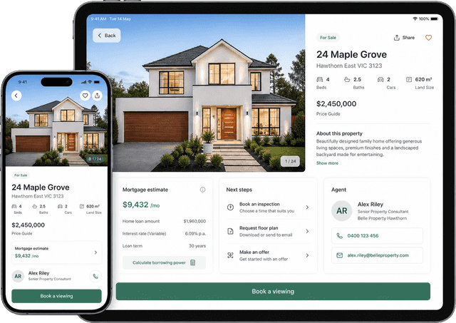 Phone and tablet mockups showing real estate property detail and tour booking app
