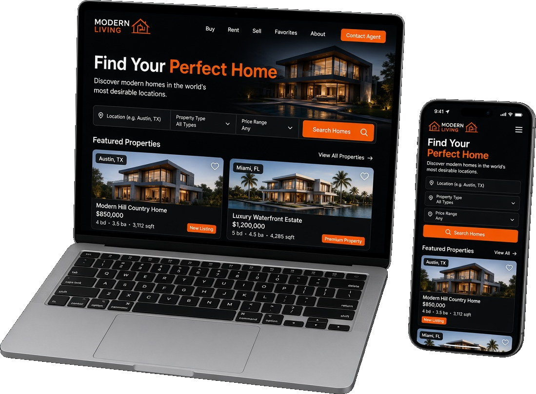 Open laptop with keyboard and a phone, both showing the Modern Living real estate app