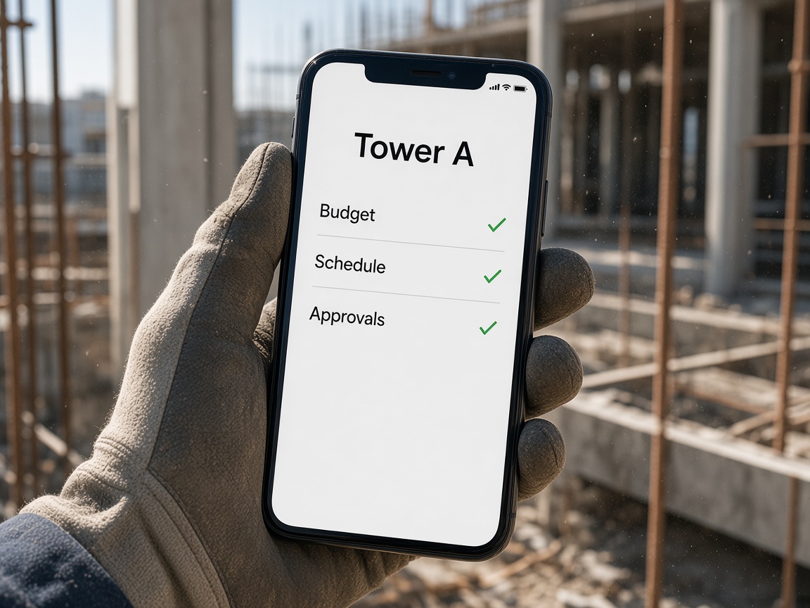 Gloved hand at a construction site holding a phone with Tower A budget, schedule, and approvals