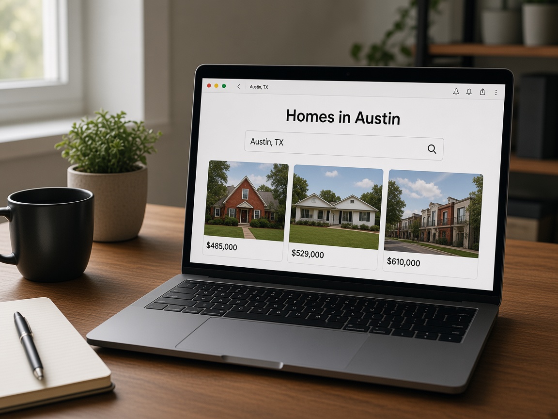 Laptop on a desk showing Homes in Austin listings priced at $485,000, $529,000, and $610,000