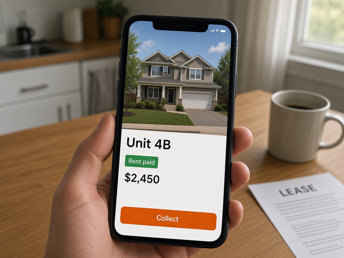Hand holding a phone in a kitchen showing Unit 4B with rent paid and a collect button, next to a printed lease