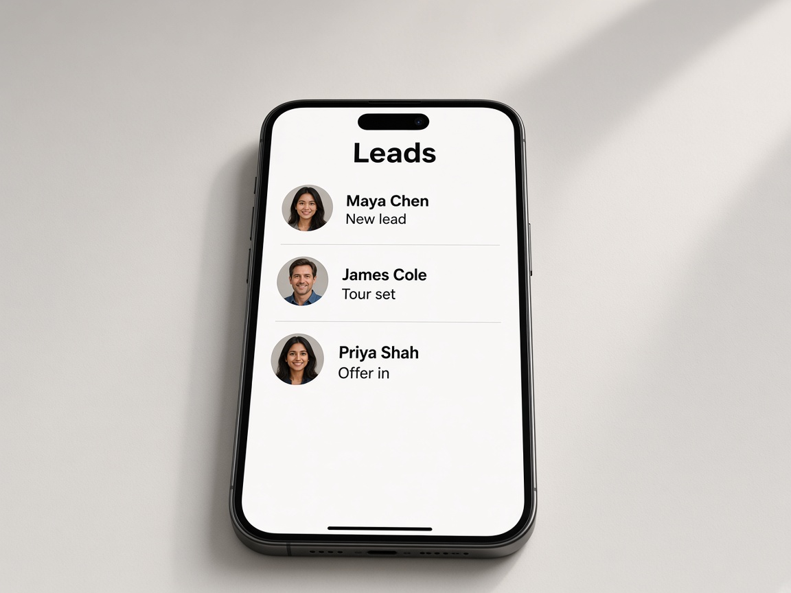 Phone on a desk showing a leads list for Maya Chen, James Cole, and Priya Shah