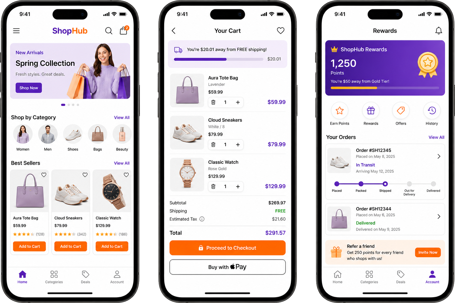 Phone mockups showing retail shopping cart and loyalty app case study screens