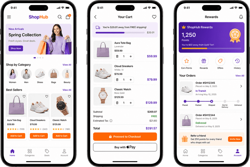 Phone mockups showing retail shopping cart and loyalty app case study screens