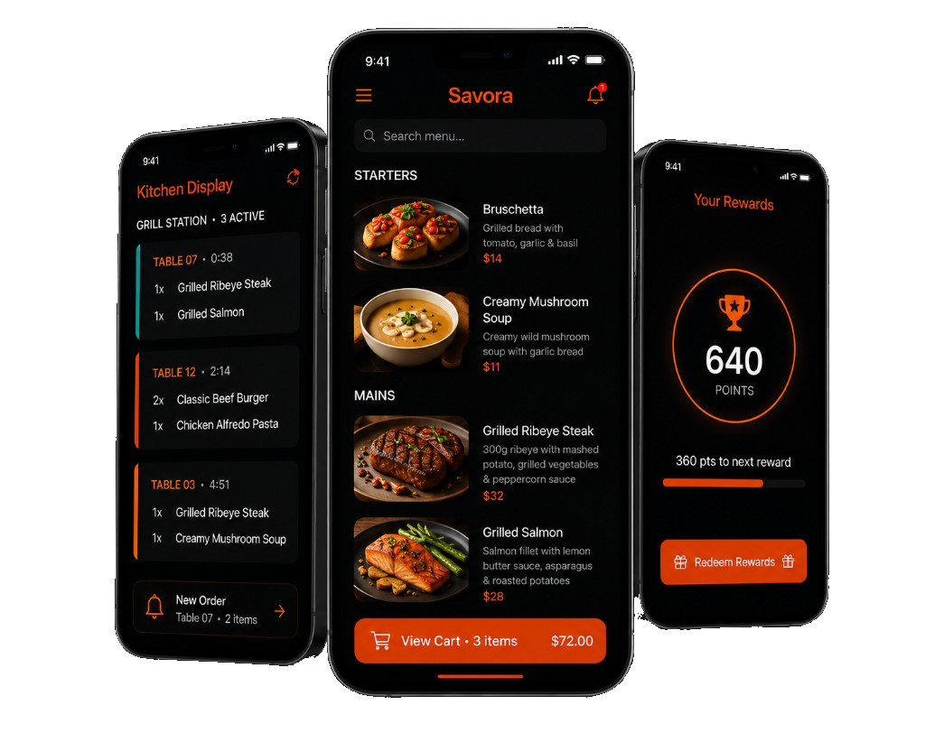Savora restaurant mobile app case study phone screens