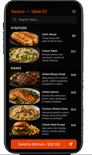 Savora mobile ordering app — Table 07 dark menu with food photos and send to kitchen
