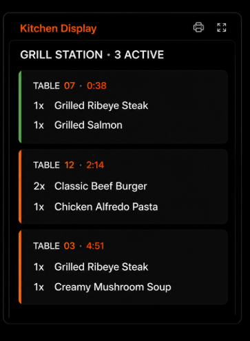 Savora kitchen display — grill station tickets in real time