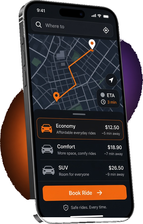 Taxi ride-hailing mobile app showing map booking and vehicle options