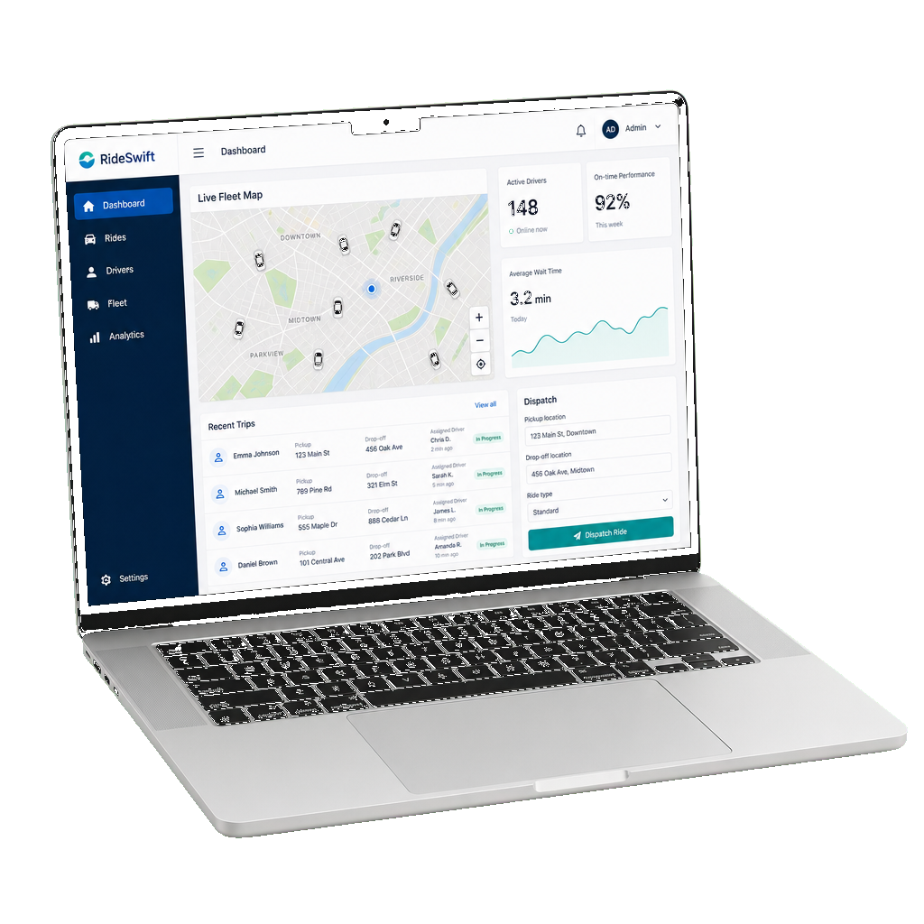 Laptop mockup showing RideSwift live fleet map and ride dispatch dashboard