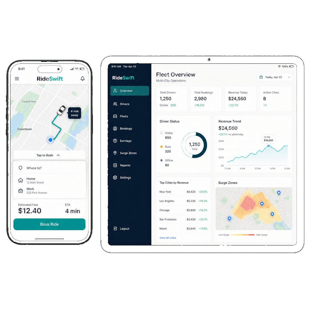 Phone and tablet mockups showing RideSwift rider booking app and fleet management panel