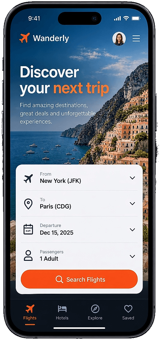 Travel booking mobile application UI mockup showing flight search and destinations