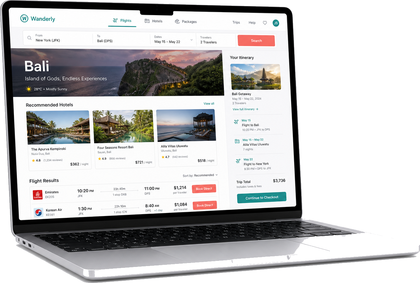 Laptop mockup showing travel booking app with flights hotels and packages
