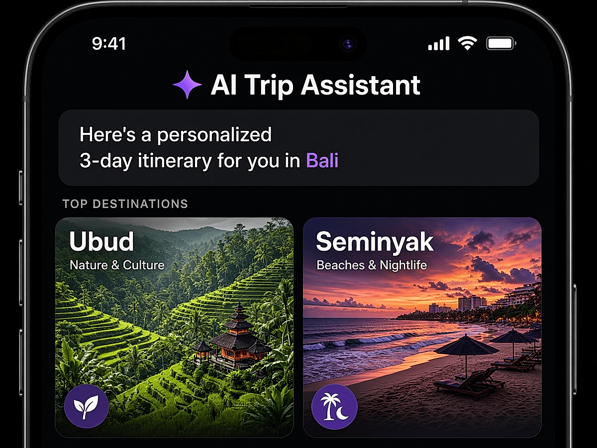 Hand holding mobile smartphone displaying AI Trip Assistant with personalized Bali itinerary