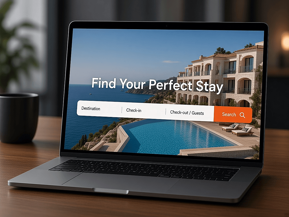 Laptop screen displaying hotel booking portal with beach resorts, city hotels, and mountain stays