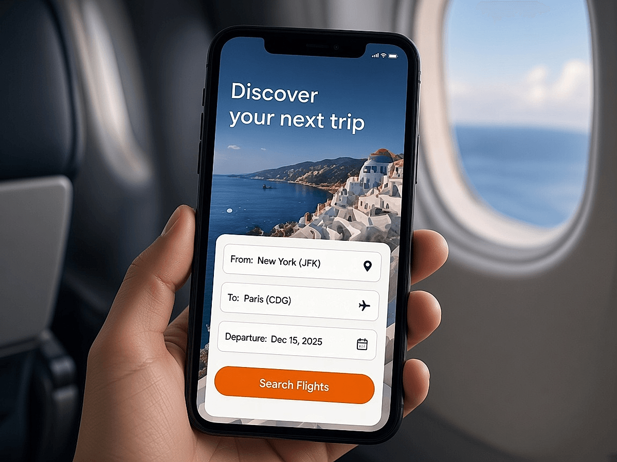 Hand holding mobile smartphone showing flight search UI from New York to Paris